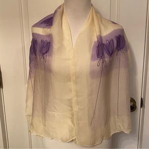 FRANCE SCARF CREAM PURPLE FLORAL FLOWERS TULIPS HAND PAINTED SHEER SILK LONG
